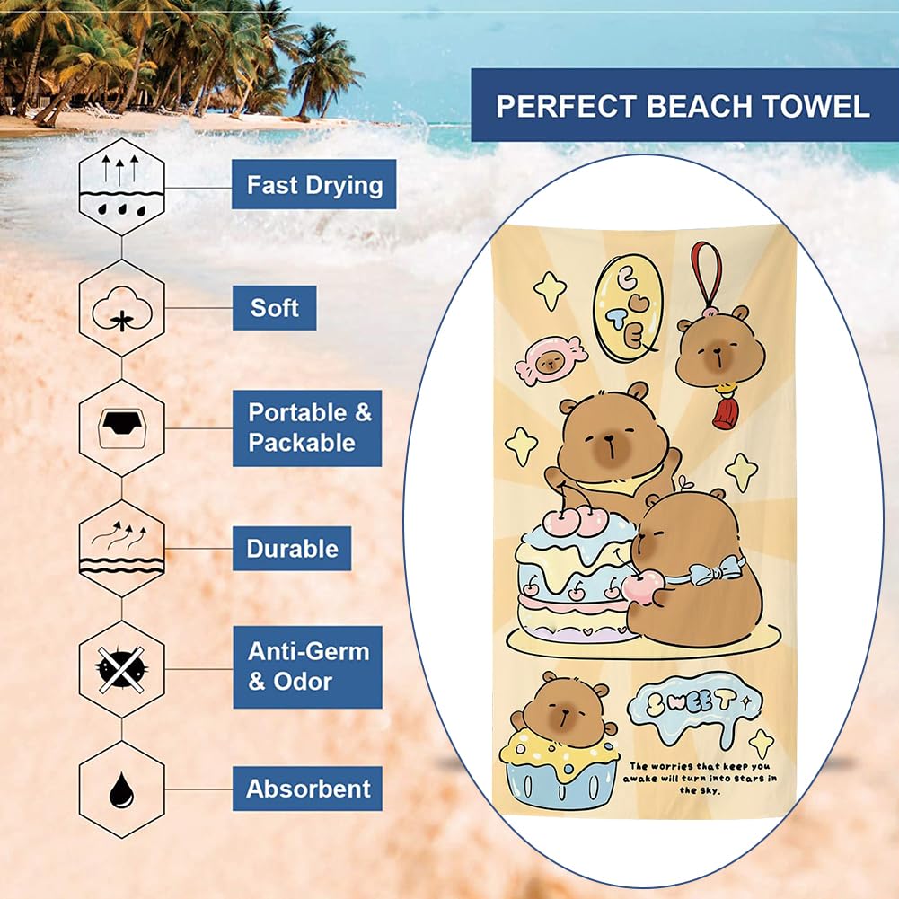 Spiritzohic Capybara Beach Towels, Capybara Bath Towels Swimming Towel Quick Dry Microfibre Towel Sandproof Beachs BathTowels for Holiday, Swimming