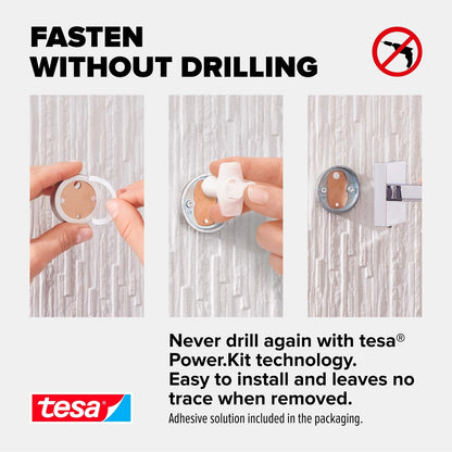 tesa DELUXXE Double Towel Holder - Wall-Mounted, Stainless-Steel Towel Holder with Two Swivel Arms - waterproof, incl. Power.Kit Adhesive Solution
