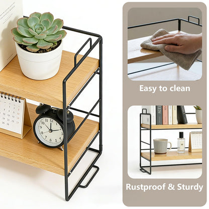 Milky Way Desktop Bookshelf Organizer, 2-Tier Wood Desk Shelf, Black Frame