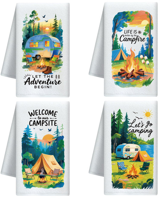 CUTHOLLOW Camping Element Decorative Kitchen Towels Set of 4, 60x40cm Soft & Absorbent Microfiber Dish Towel for Tea Coffee Bar Home, Best Gift for