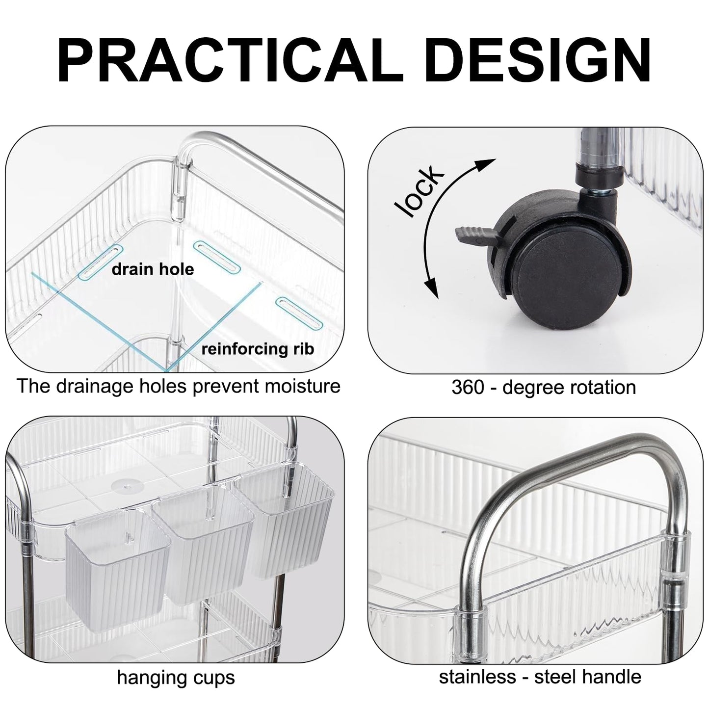 Speclux 3-Tier Clear Acrylic Rolling Storage Trolley on Wheels with Bonus Hanging Cups, Lockable Wheels & Handle