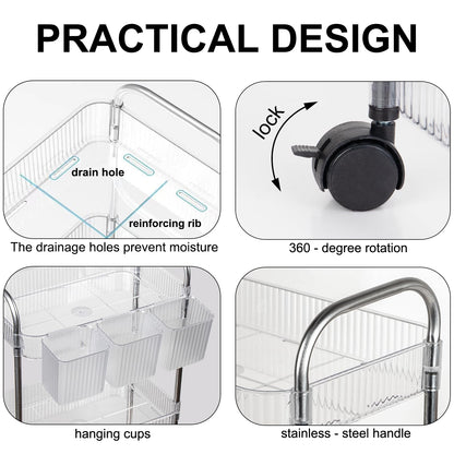 Speclux 3-Tier Clear Acrylic Rolling Storage Trolley on Wheels with Bonus Hanging Cups, Lockable Wheels & Handle