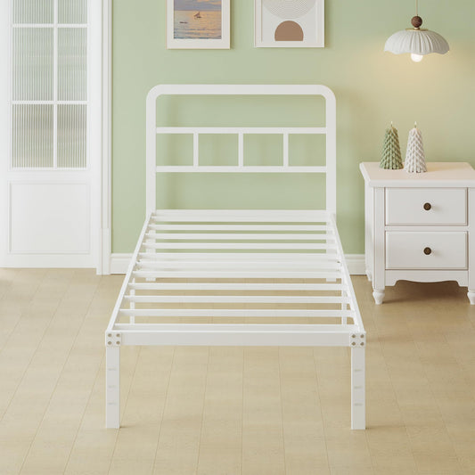 Lutown-Teen 36 cm High Metal Single Bed Frame 90x200 with Curved Headboard, European Single Bed Frame 90 x 200cm with Steel Slats, Storage Space
