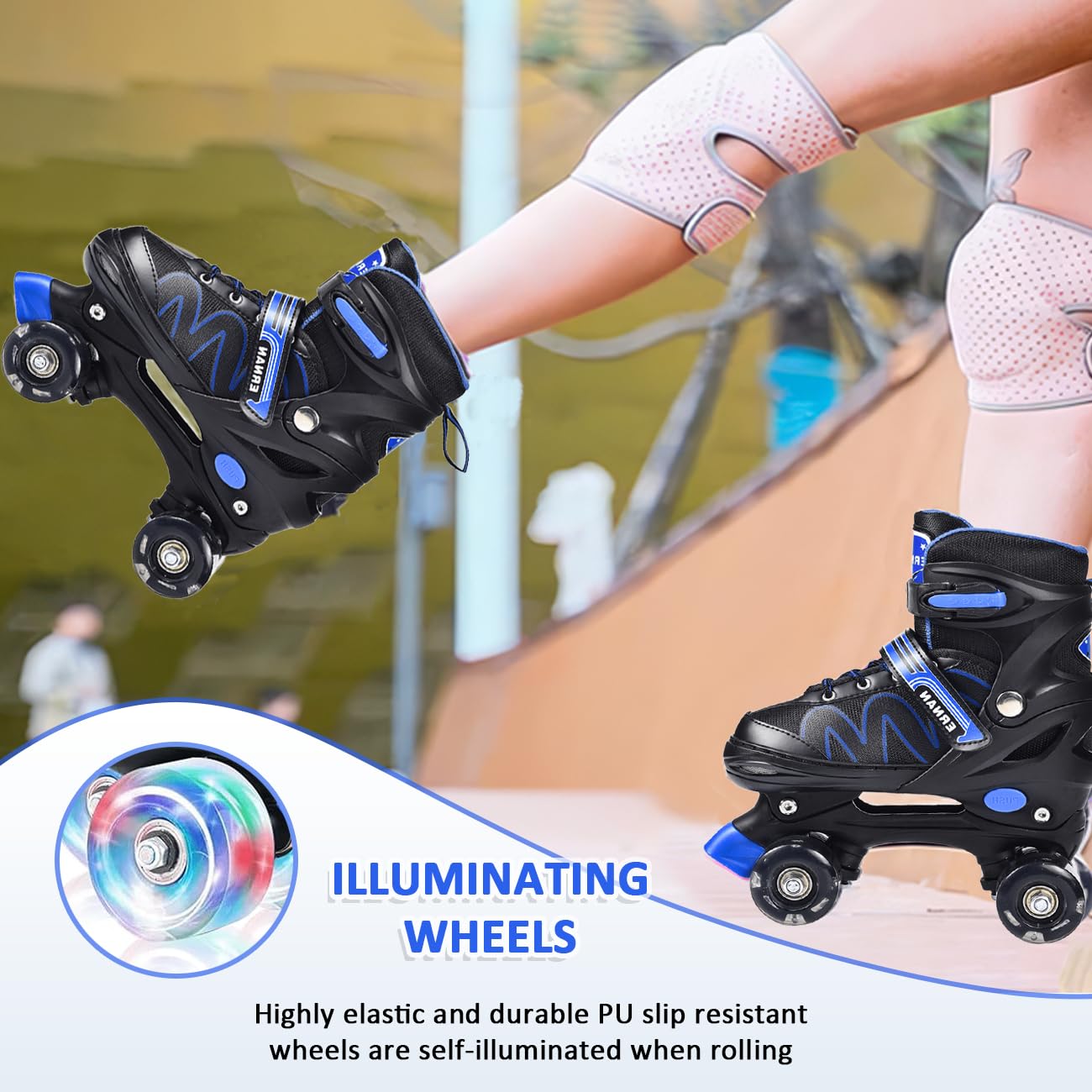 ERNAN Roller skates kids Roller boots,8 Light up Wheels and 4 Sizes Adjustable.Rollerskates for Kids Beginners, Suitable for Indoor Outdoor (BLUE, L)