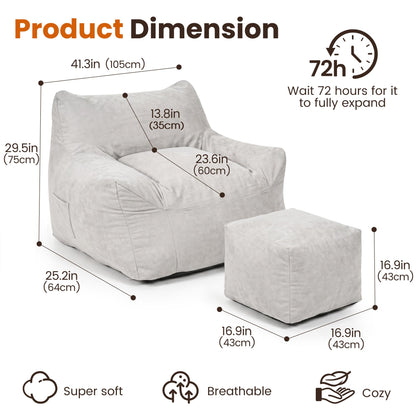 Pamapic Bean Bag, Bean Bag Chair Indoor Outdoor Weather Resistant, Large Beanbag Sofa with Footstool, BeanBag Adult with FIlling Included