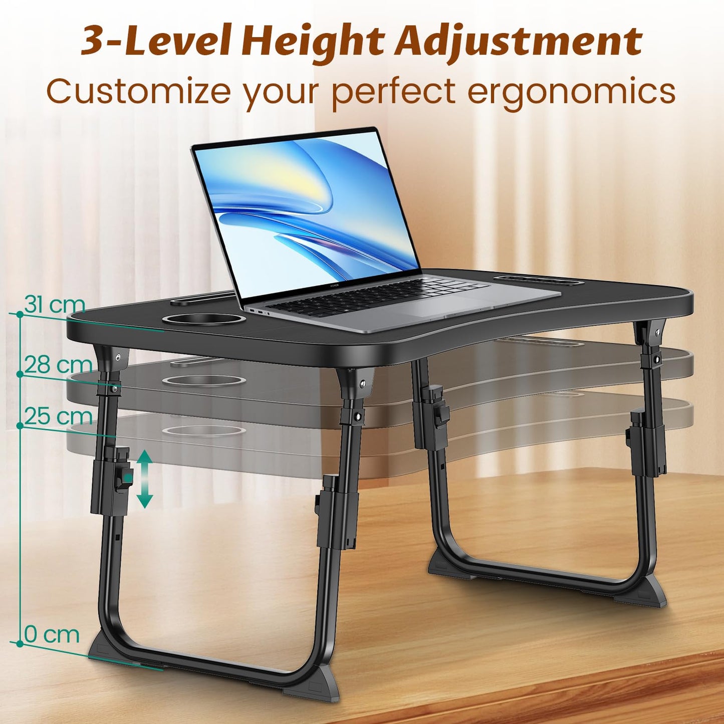 Laptop Table Height Adjustable, Foldable Bed Desk with Cup Holder & Phone Slot, Portable Lap Tray for Working, Eating, and Reading