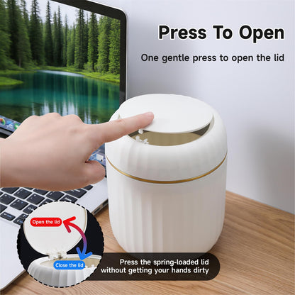 Mini Desk Bin with Press-Top Lid - Small Trash Can for Home Office Car Bathroom Living Room, White, 100 Garbage Bags Included