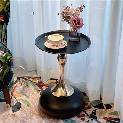 Modern Round Side Table with Gold Pedestal Base, Black Metal Top, Accent End Table for Living Room (黑色)