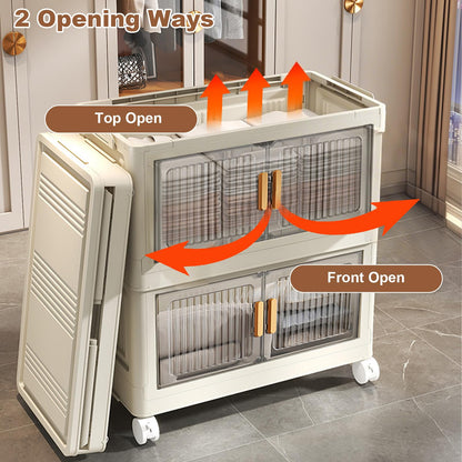 4-Layers Storage Boxes with Lid, Stackable Bins with Magnetic Double Door, Foldable Plastic Storage Organizer with 360° Wheels for Bedroom Living