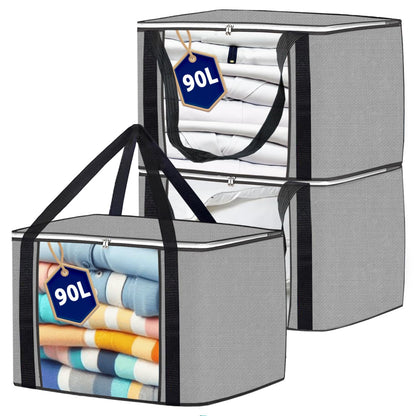 Joybees Clothes Storage Bags with Lids, 3-Pack, 90L Large Foldable Boxes with Zipper & Clear Window, Thick Scratch-Resistant Material