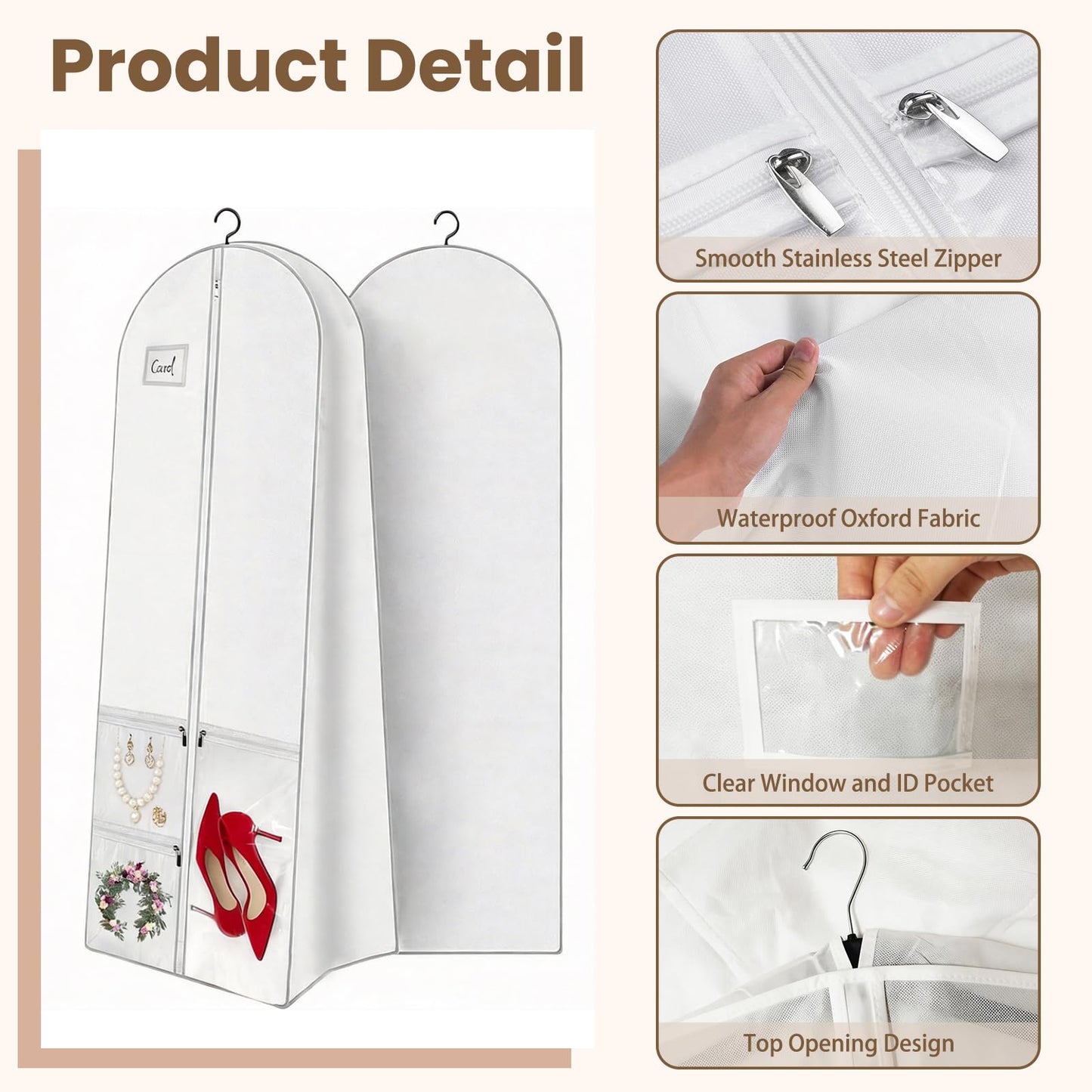 70" Wedding Dress Bag with Bride Tote Bag Covers Garment Bags with 3 Pockets and ID Slot Suit Carriers for Ball Gowns & Bridal Dress Dustproof Dress