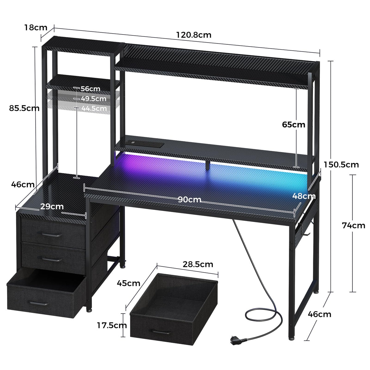 Coleshome Gaming Desk with LED Lights & Display Shelves Carbon Fiber Black
