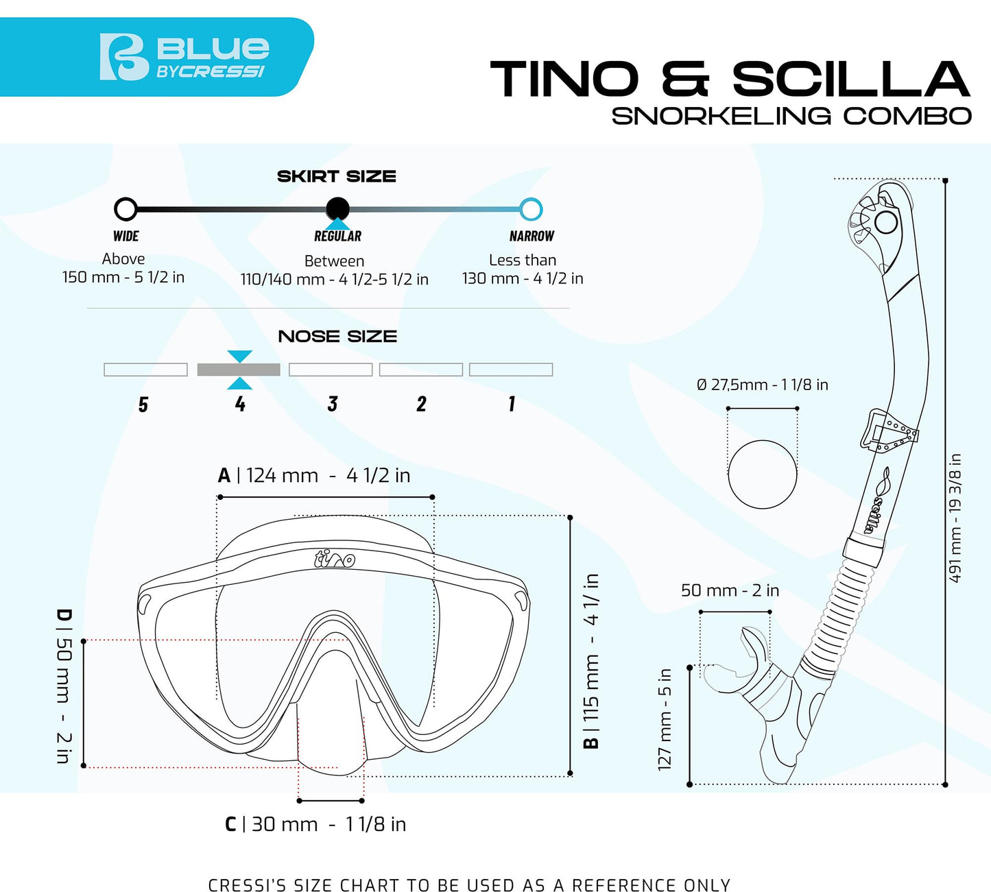 CRESSI Tino & Scilla Black/Titanium - Adult Combo Set Tino Snorkeling Mask and Snorkel Scilla, Black/Titanium, One Size