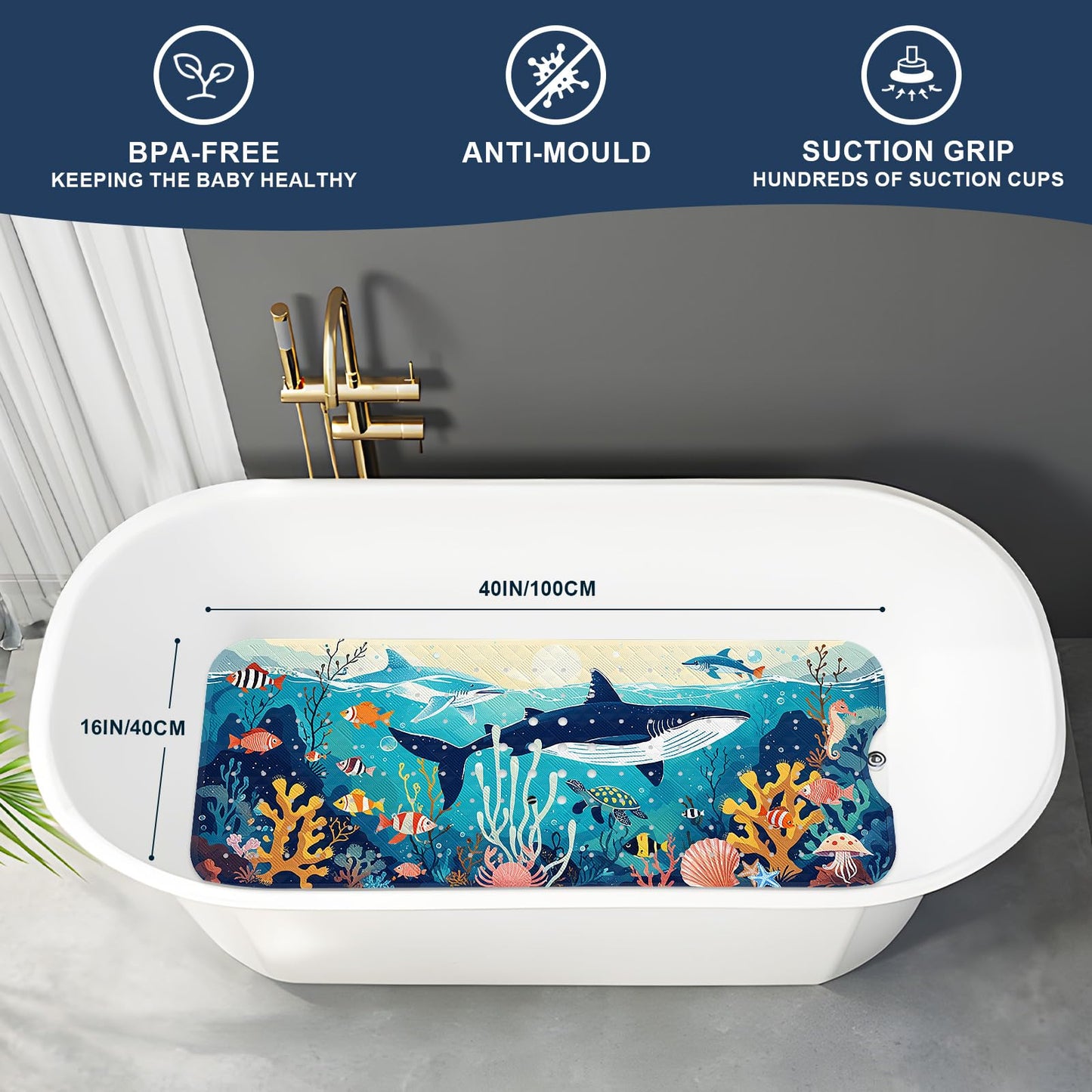 XIYUNTE Baby Bath Mats Non Slip Anti Mould, Cartoon Kids Bath Mat Non Slip, 100x40cm Extra Large Baby Shower Mat Bath Mat with Suction Cups & Drain