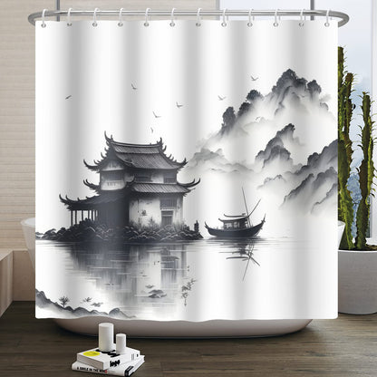 SDOTPMT 180x180cm Lake Mountain Shower Curtain Smokey Mountain Boat Wild Nature Bathtub Countryside Scenery Photo Artwork Bath Curtain for Bathroom