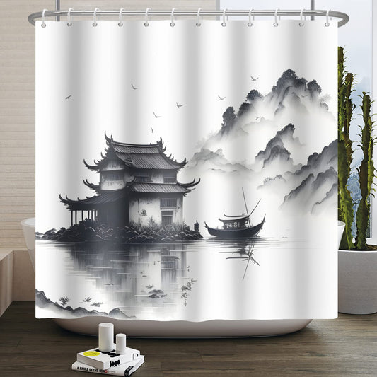 SDOTPMT 105x160cm Lake Mountain Shower Curtain Smokey Mountain Boat Wild Nature Bathtub Countryside Scenery Photo Artwork Bath Curtain for Bathroom