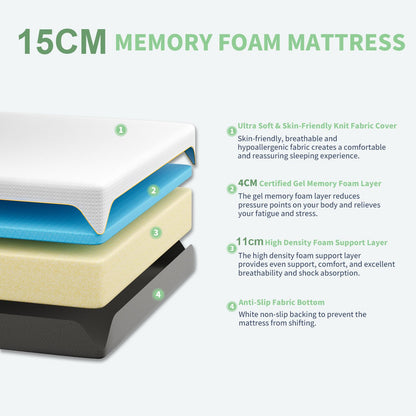 Doubleslee Memory Foam Mattress, 3FT Single Mattress, Medium, 90x190x15cm