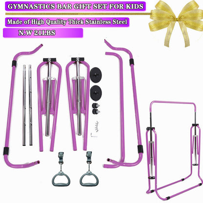 Gymnastic Bar Kids with Flying Ring Folding Adjustable Height Horizontal Gift Set, Expandable Gym Training Bar Equipment for Boys Girls Color Pink