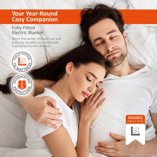 Wrmer Electric Blanket Double Size - Dual Control, Fully Fitted Mattress Cover with Elasticated Skirt, 3 Heat Settings, 2 X Detachable Controllers -