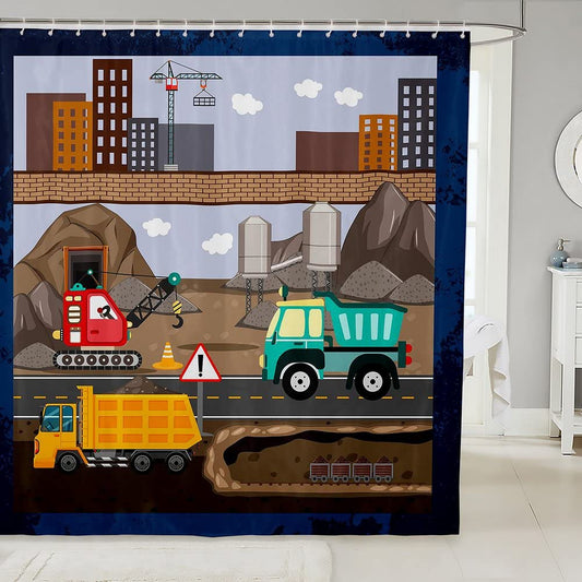 Loussiesd Cartoon Construction Excavator Bath Curtain Vehicles Truck Car Shower Curtain for Machinery Bulldozer Crane Bathroom Fabric Shower Curtain