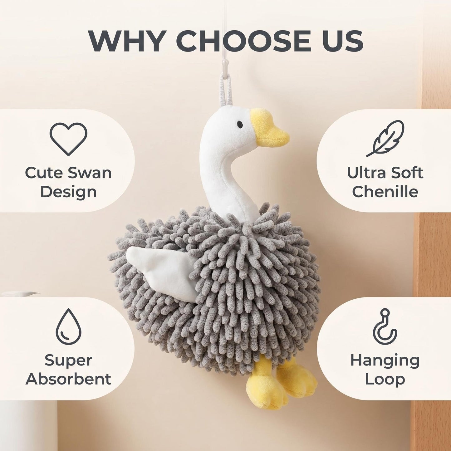 FILOEEX New Cute Swan Shaped Chenille Hand Towel, Duck Hands Towels for Bathroom Kitchen Home Decor