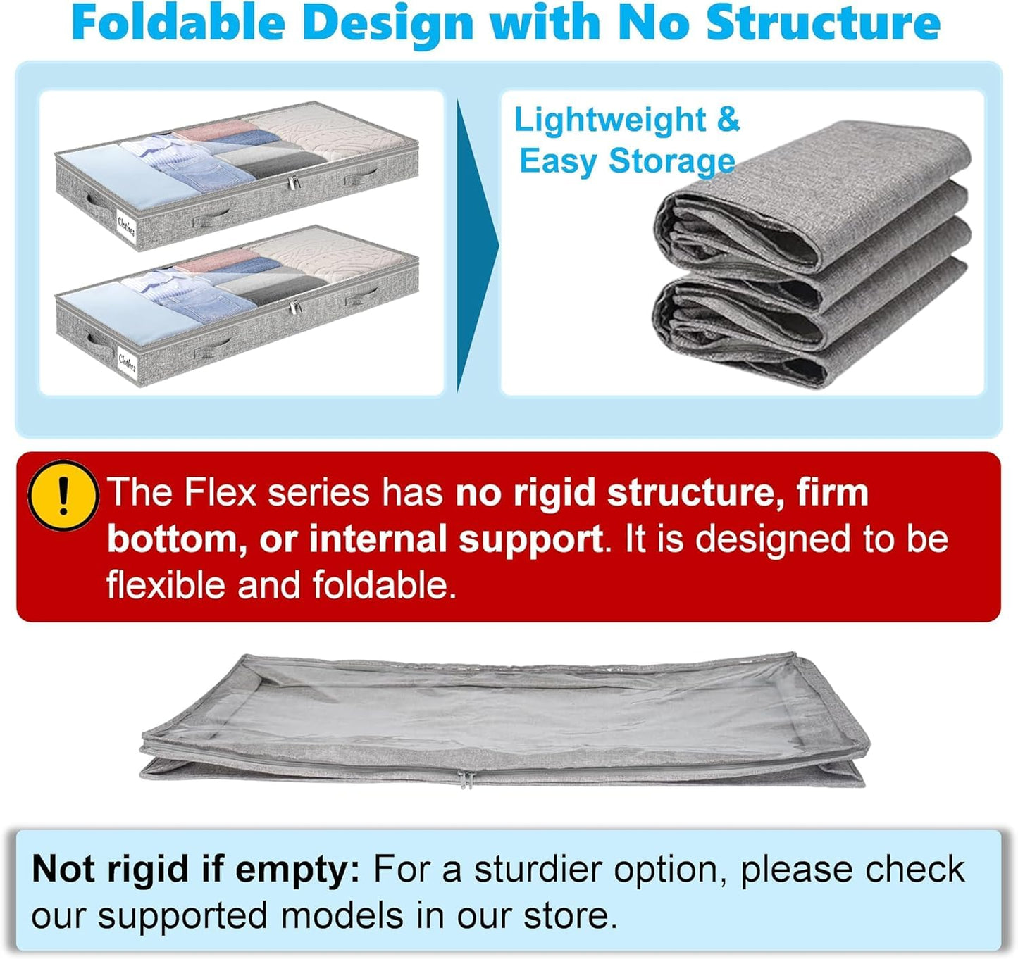 Underbed Storage Bags 2 Pack, 10cm Tall Large Under Bed Storage Box with zip, Foldable Shallow Wardrobe Storage Organiser with Clear Window &
