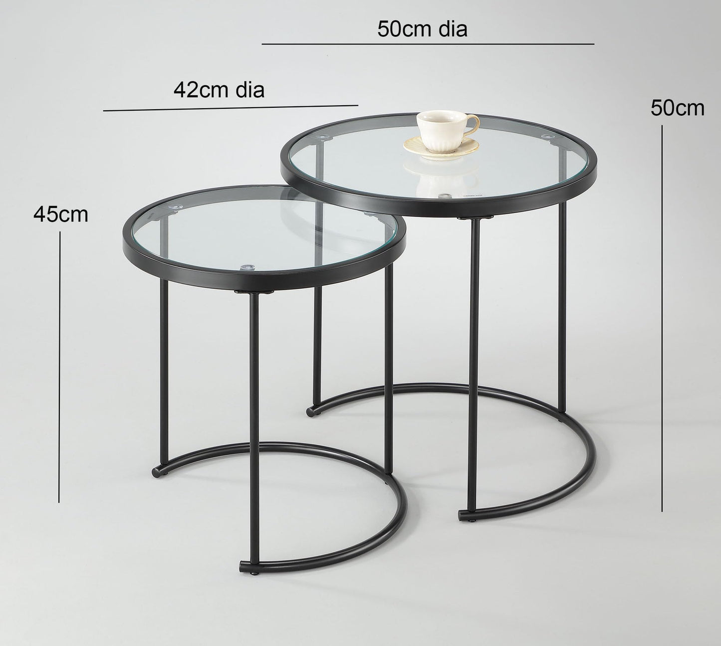 ASPECT Visio Set of 2 Round Nesting Table-Clear Glass Top/Black Frame (Clear/Black)