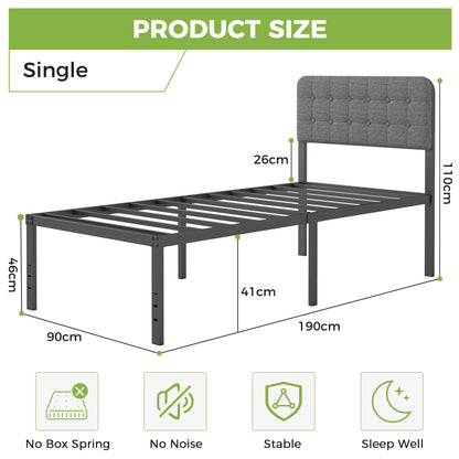 Lutown-Teen Single Bed Frame with Grey Upholstered Headboard