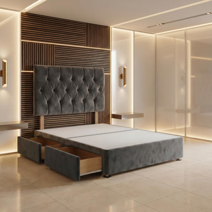 Bed Centre Divan Bed Base with Headboard – 2FT6 Small Single | Charcoal Plush Fabric | No Drawers | Luxury Upholstered Headboard