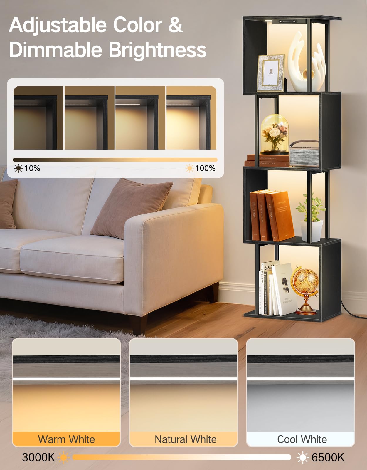 OUTONLIFE 5 Tier S-Shaped Geometric Bookshelf with LED Light, 3 Color Temperatures, Touch & Remote Control, Dimmable Standing Bookcase
