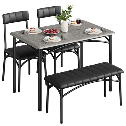 Crevyteg Space-Saving 4-Piece Dining Table Set Modern Industrial Kitchen Table with 2 Chairs and Bench for 4 Seater Dining Room Small Spaces