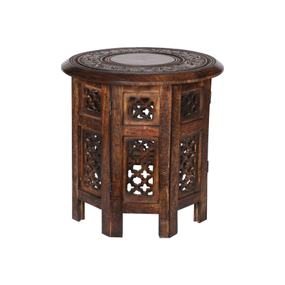 topfurnishing Beautiful Round Hand Carved Indian Wooden Coffee Table [Maghony,Large 18"x18"x18" 45.7cm]
