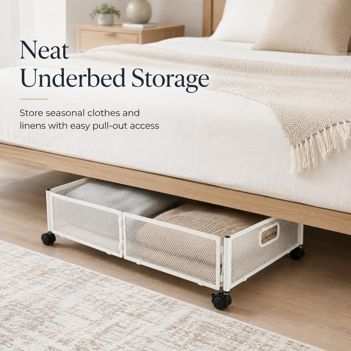 WOPPLXY Underbed Storage on Wheels - Metal Under Bed Storage Drawer with Wheels - Foldable Underbed Organiser Cart - White