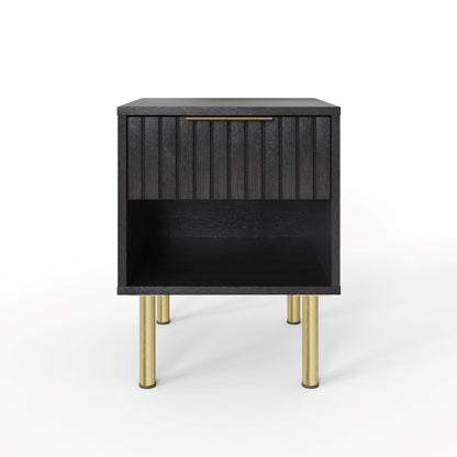 GFW Nervata Lamp Table, Black Side Table with Drawer Storage, Art Deco Style End Table with Gold Accents and Wood Grain Texture for Living Room and