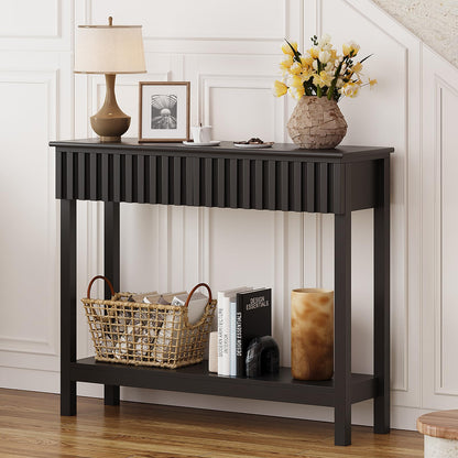 Trironsun Narrow Fluted Console Table with 2 Drawers and Open Shelf Modern Painted Wood Sofa Table for Hallway, Living Room or Behind Couch (Black)