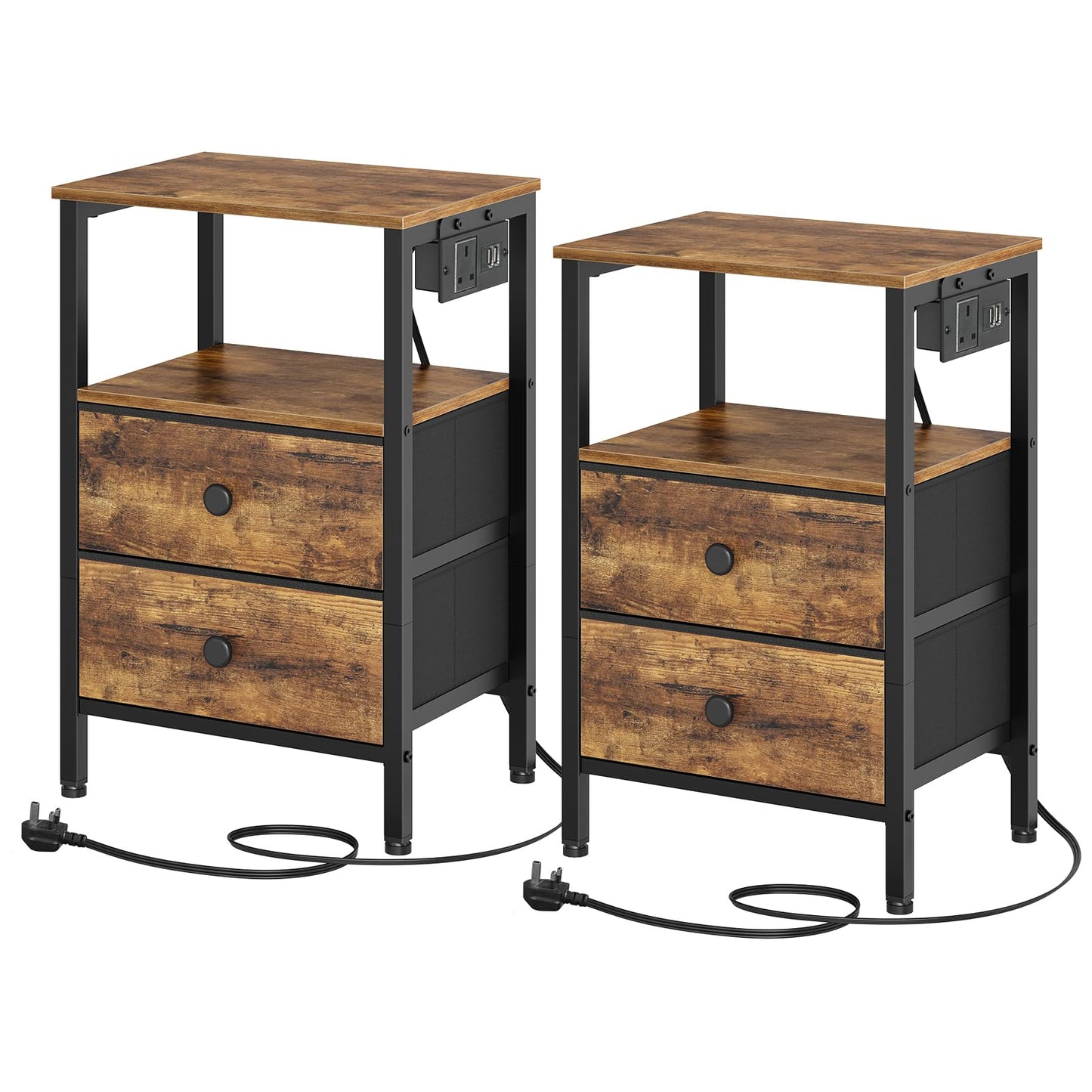 YATINEY Bedside Tables with Charging Station, Set of 2, Nightstands with 2 Drawers and 2 Shelves, End Tables with Outlet and USB Ports
