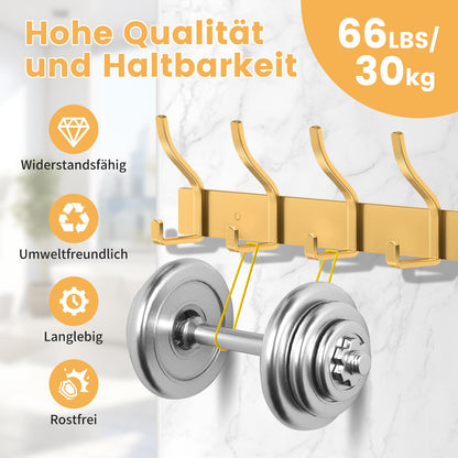 MEIJO Coat Hooks Wall Mounted Stainless Steel, Gold Coat Rack Wall Mounted with 8 Hooks Heavy Duty Coat Hooks for Door, Bathroom, Bedroom, Kitchen
