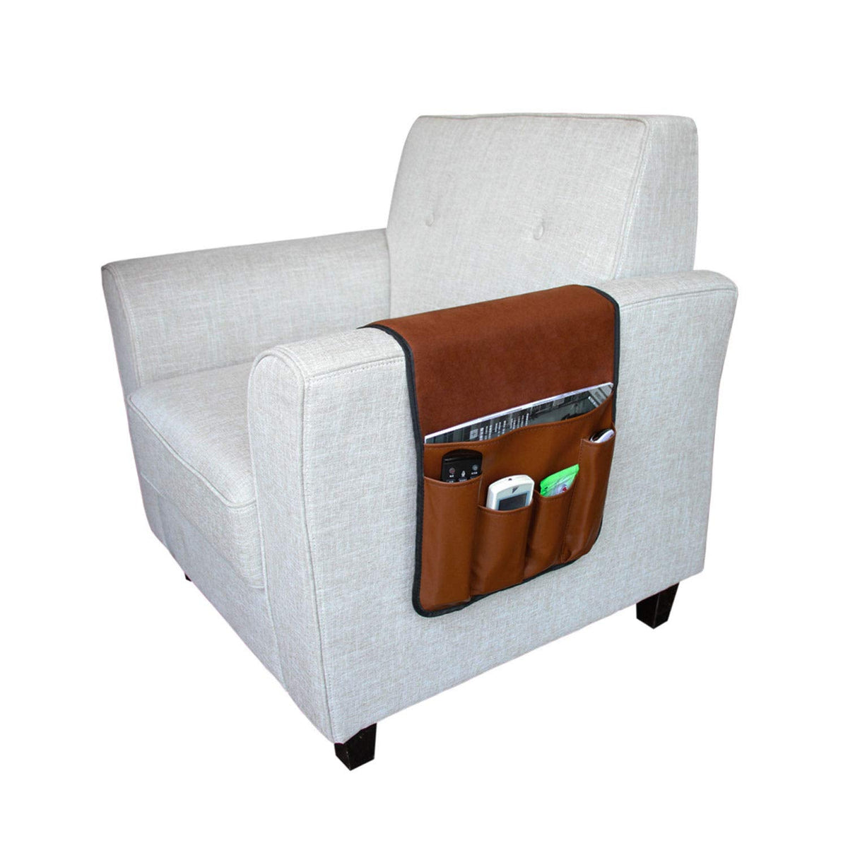 No-slip Leather Sofa Couch Remote Control Holder Chair Armrest Caddy Pocket Organizer Storage Bag for Cellphone Tablet Notepad Magazines Glassess