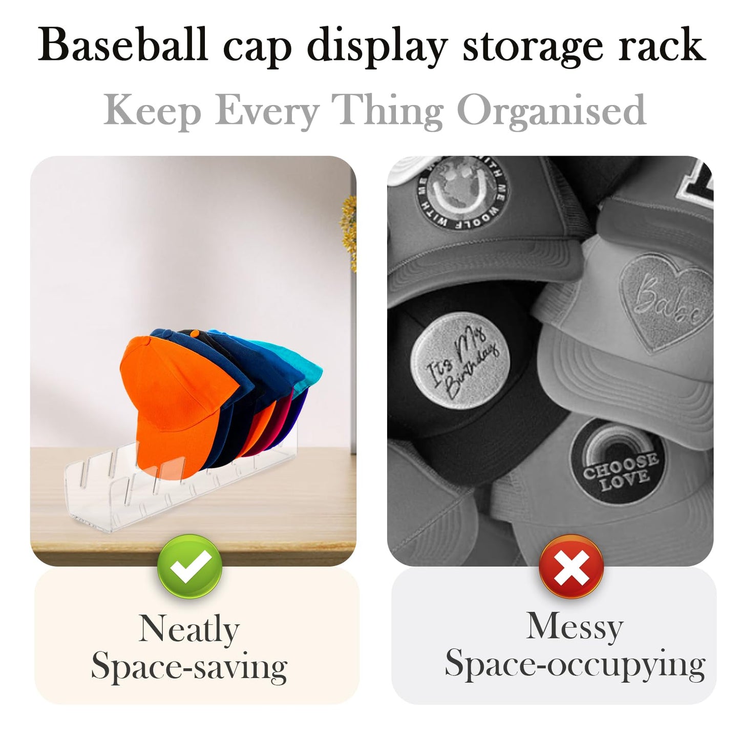 Gzsekken Baseball Cap Storage Hat Display Stand No Install Acrylic Hat Organiser Rack,7 Baseball Caps Display Storage for Home, Bedroom, Closet
