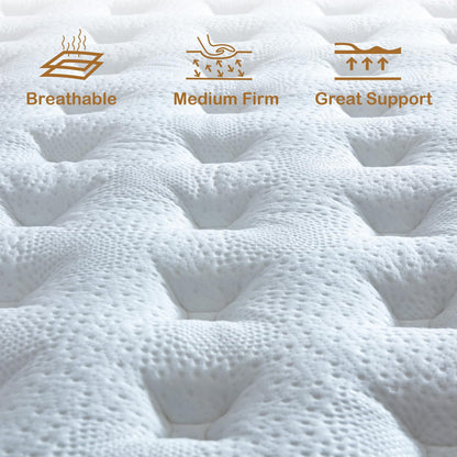 Tegeniss Double Mattress 25cm with Memory Foam & Pocketing Spring |In a Box,Medium Firm, Breathable Cover,Motion Isolation,Edge Support,White