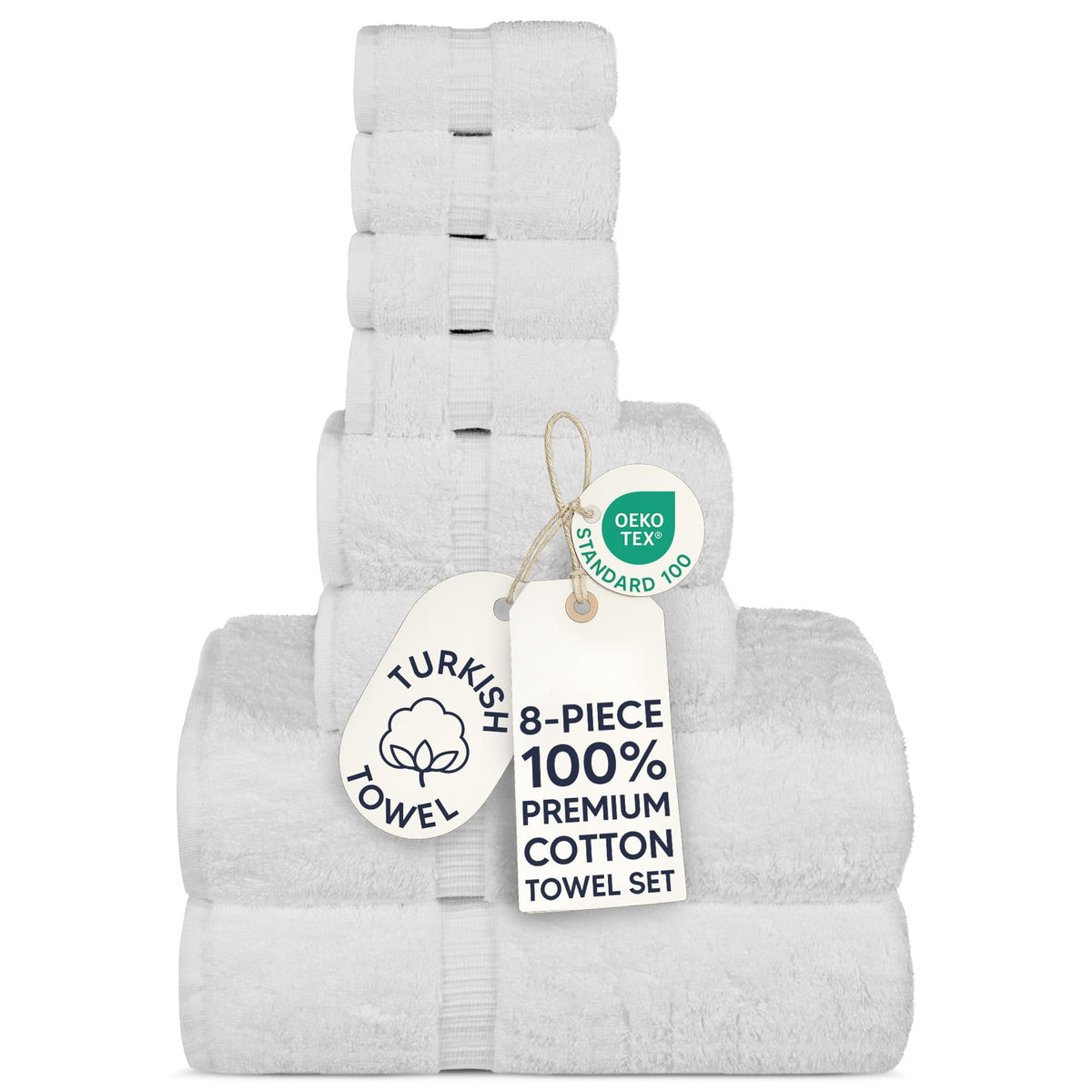 Chakir Turkish Linens | Hotel & Spa Quality 100% Cotton Premium Turkish Towels | Soft & Absorbent (8-Piece Towel Sets, White)