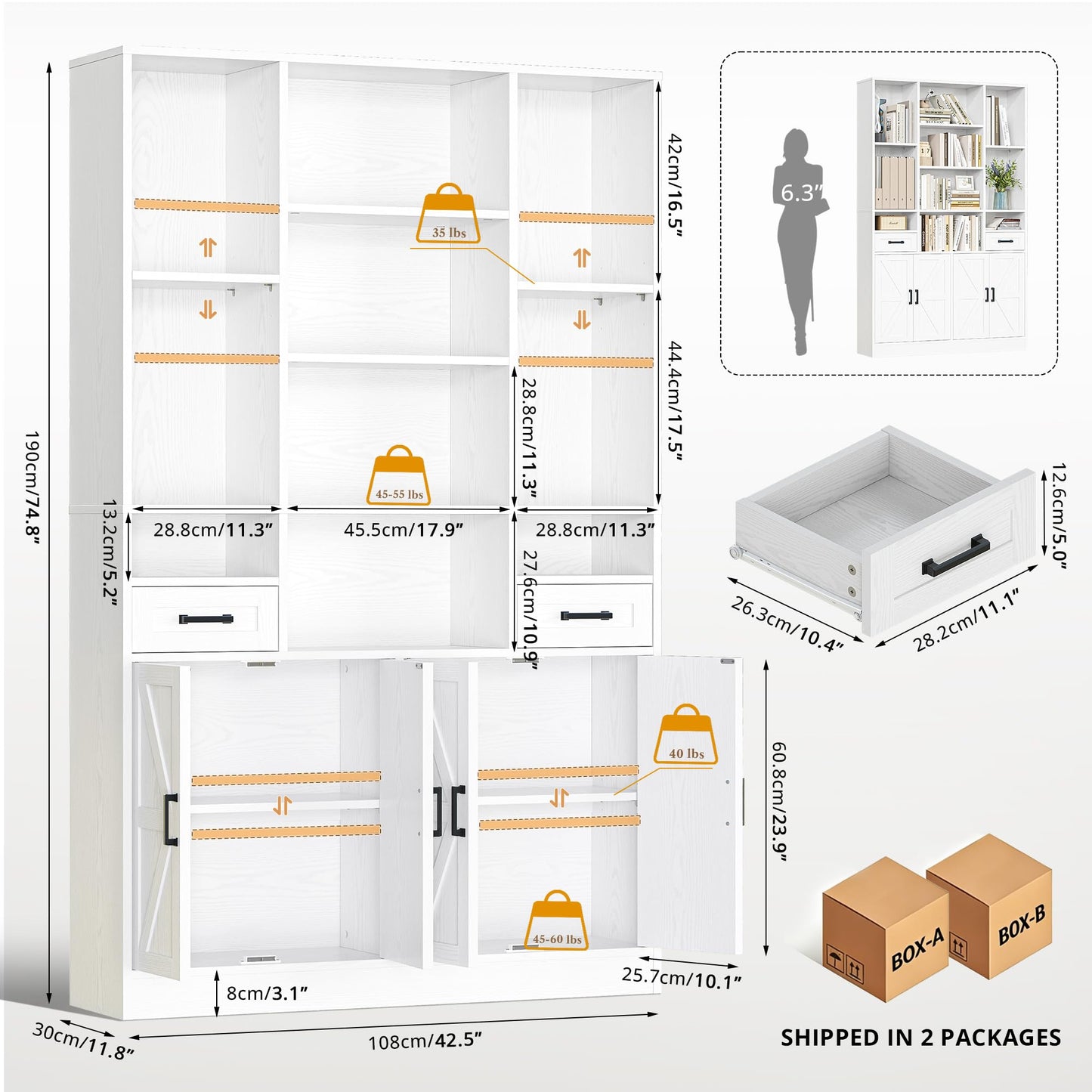 IRONCK Bookcase Bookshelf with Doors & Drawers 190cm Tall Living Room Bookcases,10 Multi-Size Open Compartments, Free Standing Display Shelf