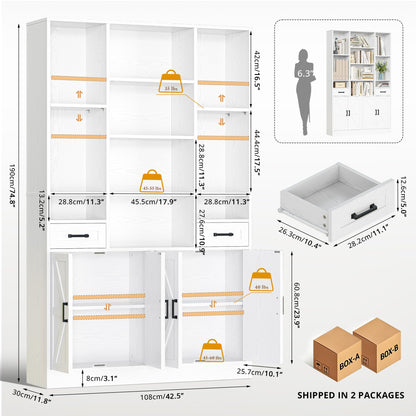 IRONCK Bookcase Bookshelf with Doors & Drawers 190cm Tall Living Room Bookcases,10 Multi-Size Open Compartments, Free Standing Display Shelf