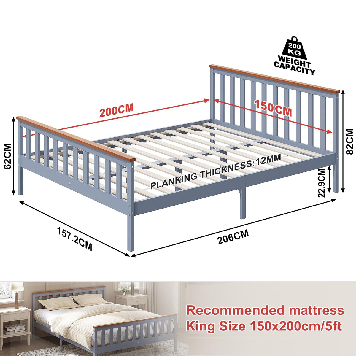 ZANOFIRA 5ft King Bed Frame Solid Pine Wood Bed with Headboard and Footboard, Perfect For Adults Kids Teenagers Fitted Slats Strong Support Legs with