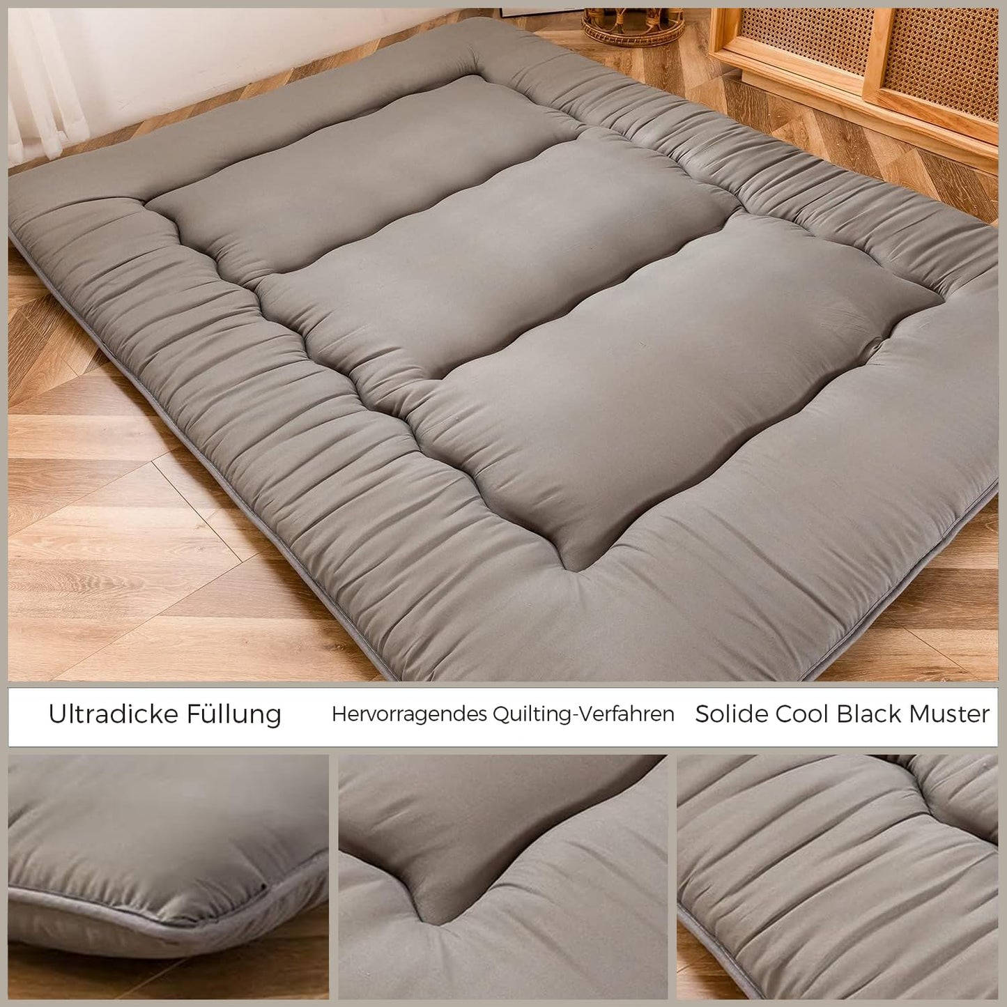 MAXYOYO Japanese Floor Futon Mattress, Thicken Tatami Sleeping Pad Foldable Roll Up Dormitory Mat Pad Floor Lounger Pillow Bed (Charcoal Grey, Double)
