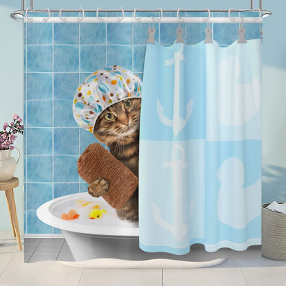ASDCXZ Shower Curtain Funny 180x180 cm, Blue Funny Cat Bathtub Showers Child Shower Curtains Fabric Washable Polyester Textile Waterproof Shower