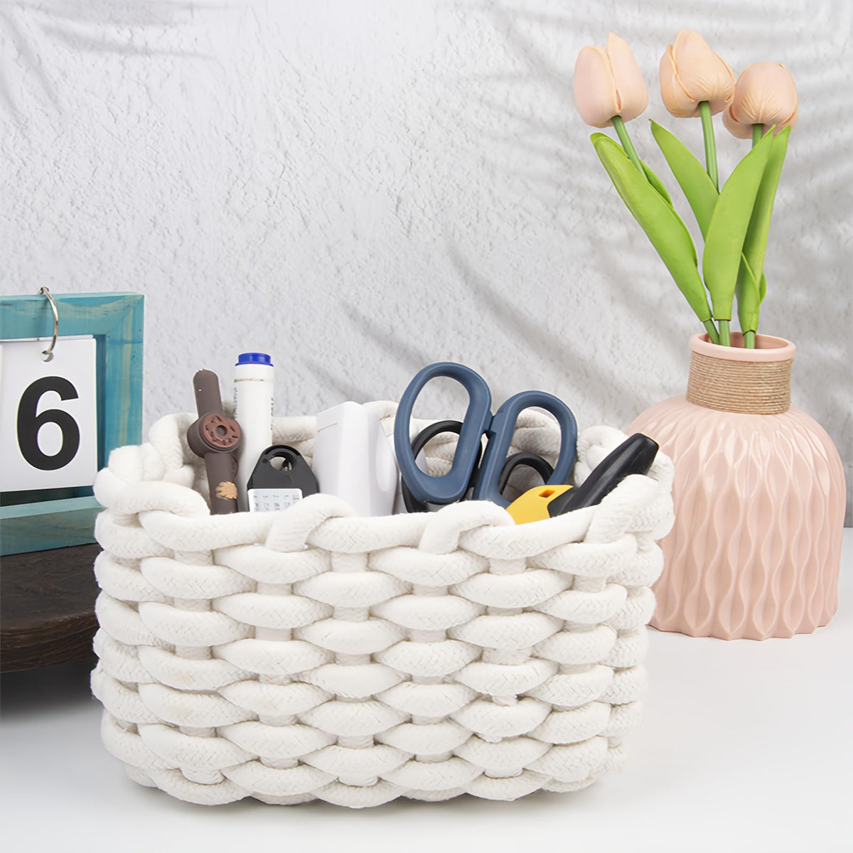 Cotton Storage Basket, White Braided Basket with Thick Yarn Wicker, Bathroom Organiser for Desk & Dressing Table Changing Table, Cosmetics, Desktop