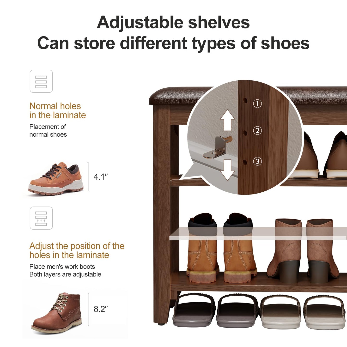 AQIMUELE Shoe Bench, Shoe Bench Storage with Seat, Wooden Shoe Rack 3-Tier, for Hallway, Entryway, Living Room, Bedroom, 80cm (Walnut)