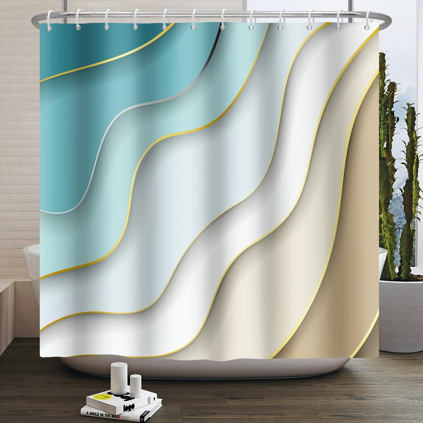 Kzzfqxb 183x183cm Shower Curtains with Plastic Hooks, Modern Abstract Art Simple Clean Blue Ocean Wave Golden Sand Beach Pattern Waterproof Occluded
