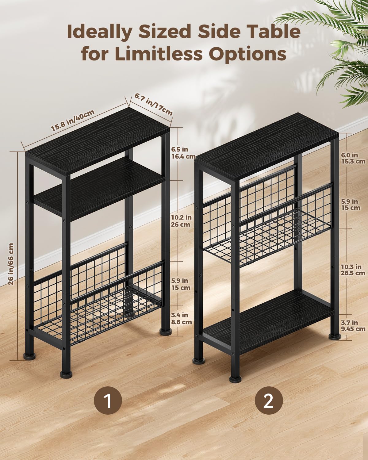 Yuede Narrow Side Table with Magazine Rack, 3-tier Slim Bedside Table, Small End Table for Living Room, Bedroom, MDF & Metal Frame (Black)